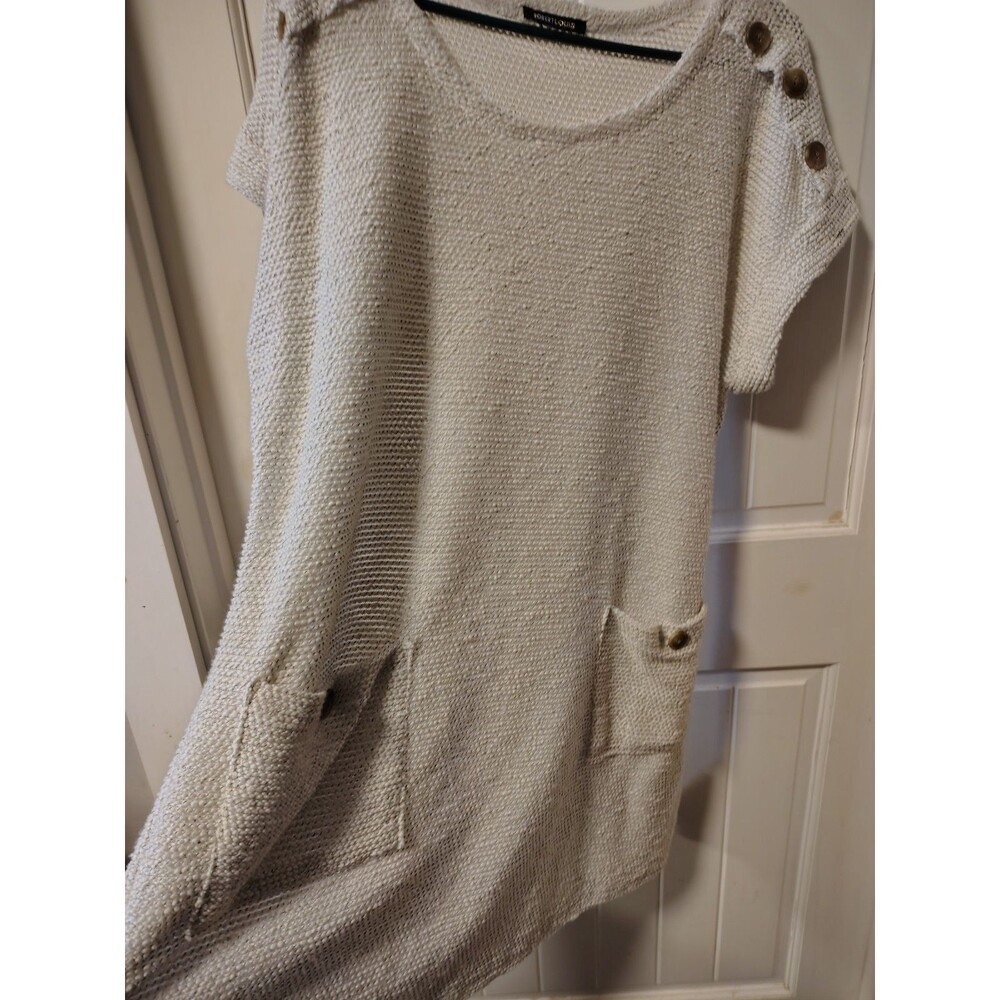 Robert Louis Beige Knit Sweater Dress Short Sleeve Button Pocket Scoop Neck M